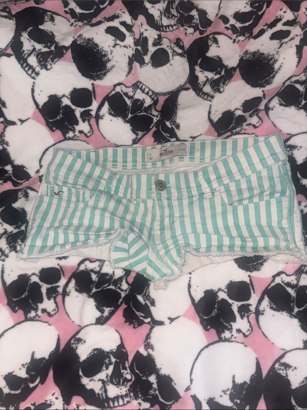 Hollister Women's Juniors Mint Green and White Striped Denim Shorts